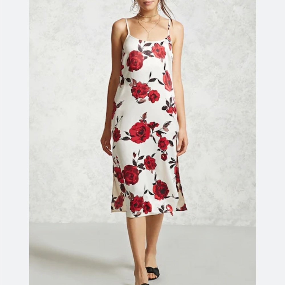 White and red rose satin midi dress